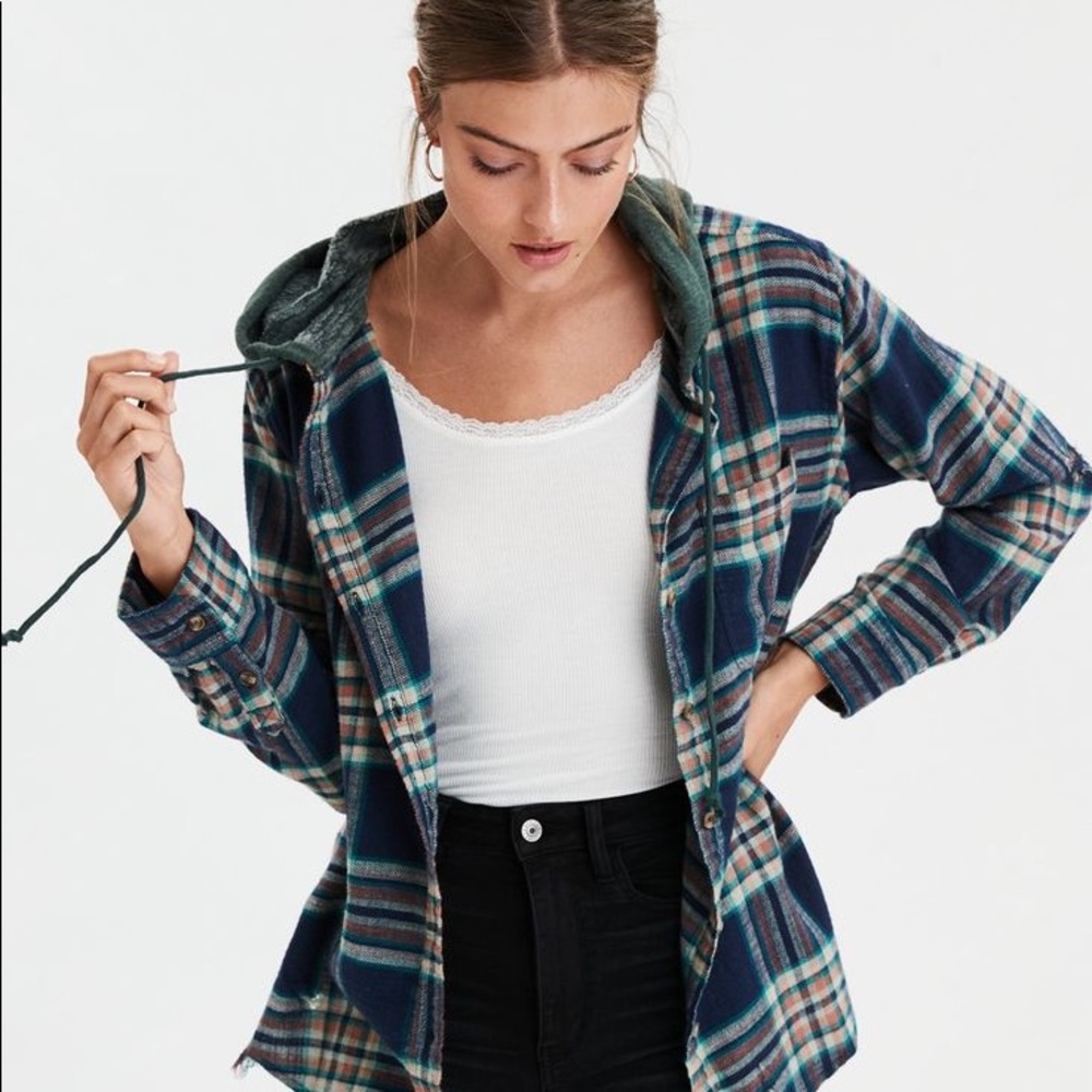 American Eagle blue plaid hoodie flannel